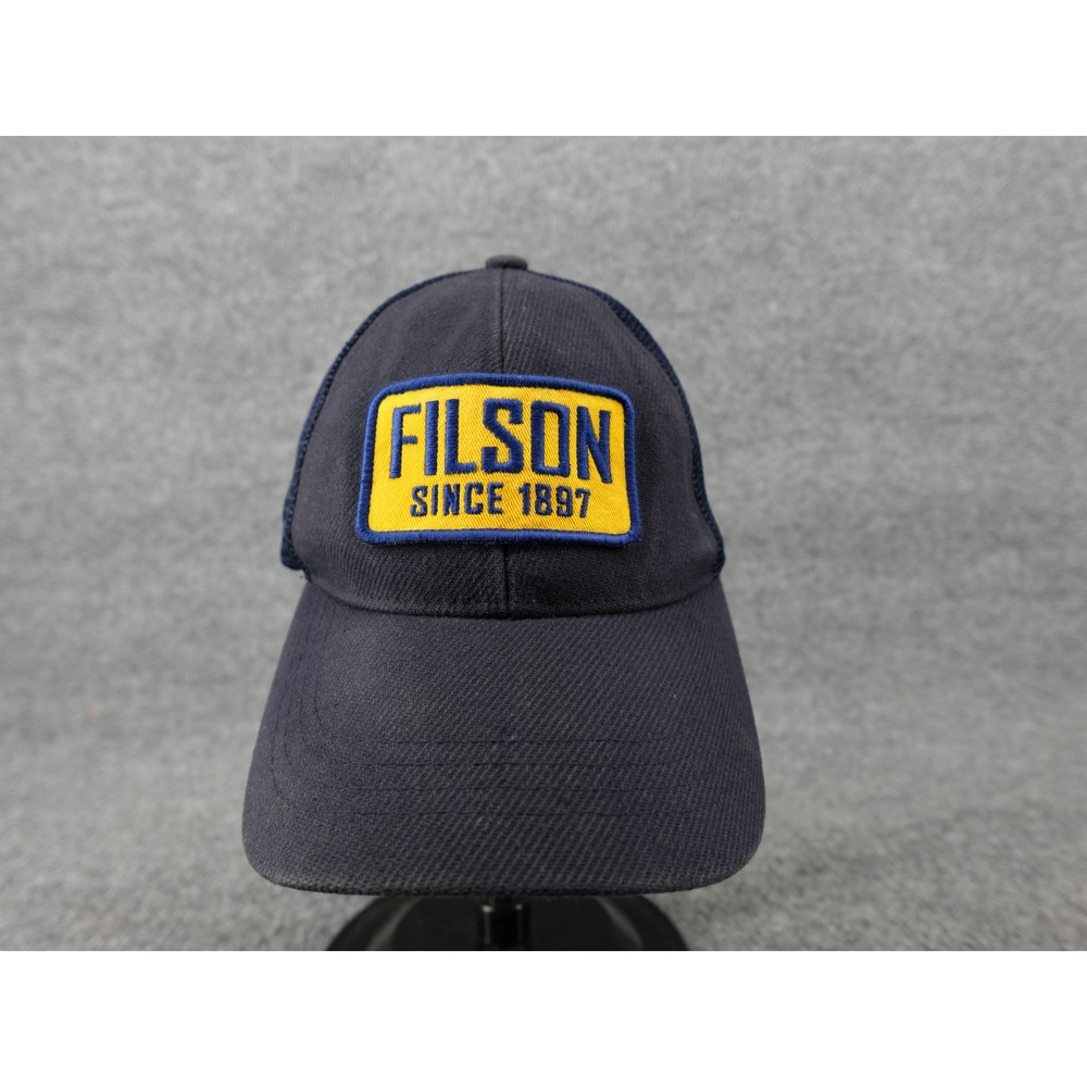 Filson Logger Mesh Cap Mens Navy Blue Yellow Logo Patch Snapback Hat One Size